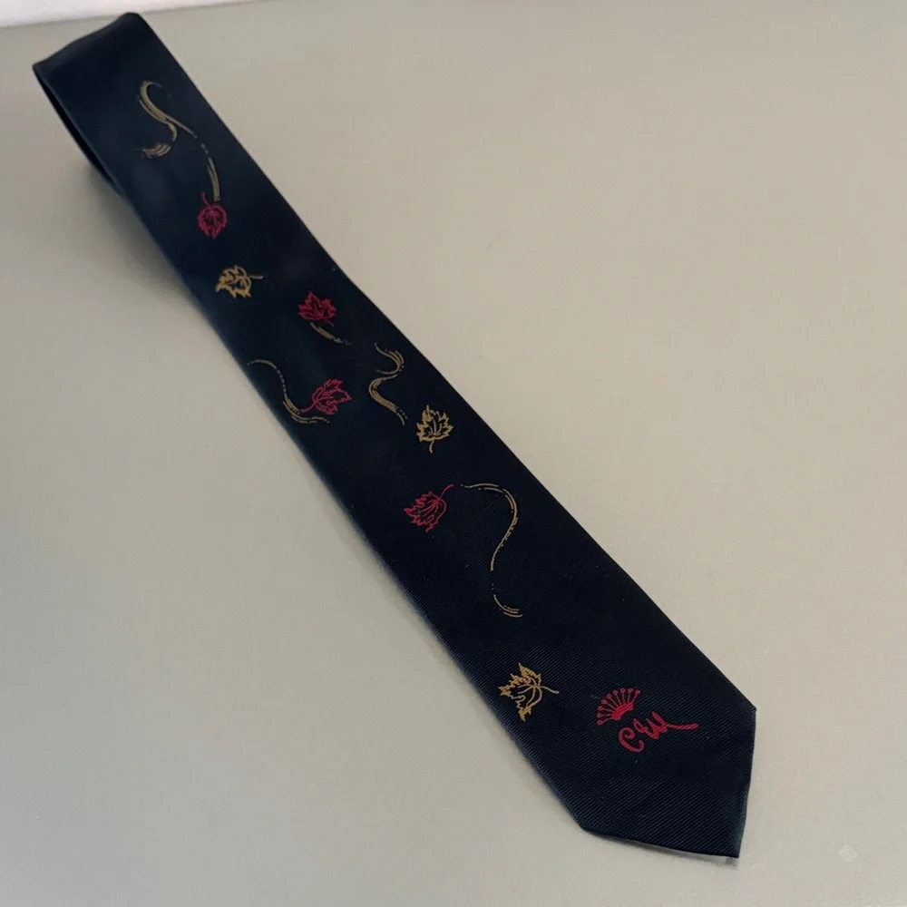 Vintage “Leaves” Navy Tie with Red & Gold Leaf Accents